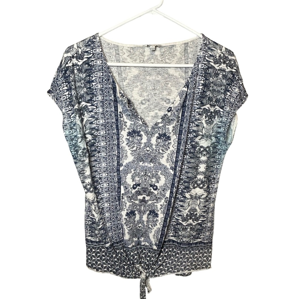 Lucky Brand Top Women's Large Blue Tie Front Cap Sleeve Paisley Floral V-Neck